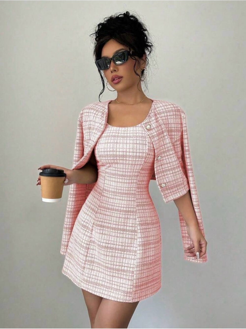 SHEIN Pink Plaid Tweed Mini Dress with Matching Jacket